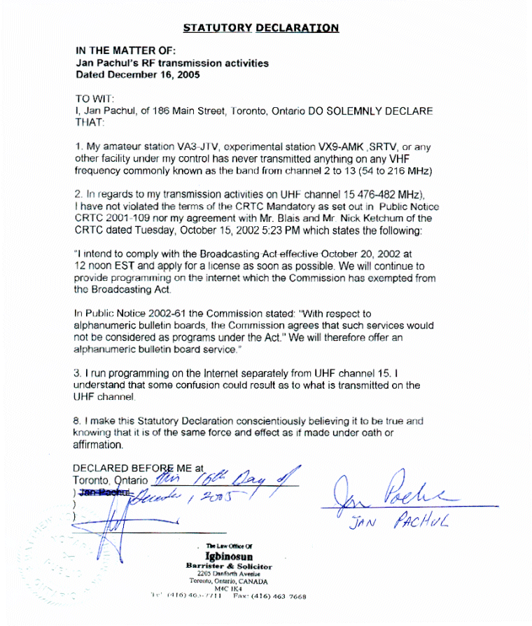 Statutory Declaration of Jan Pachul Dated December 16, 2005.